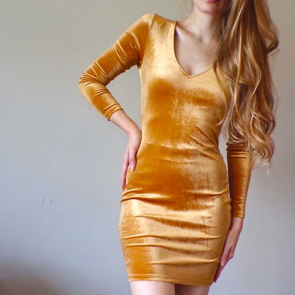 Gold velvet v neck long sleeve mini body con dress